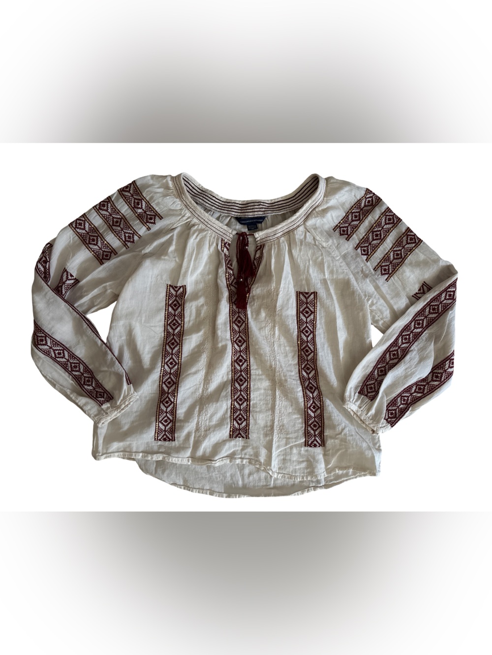 American Eagle Outfitters White Peasant Blouse with Brown Embroidery